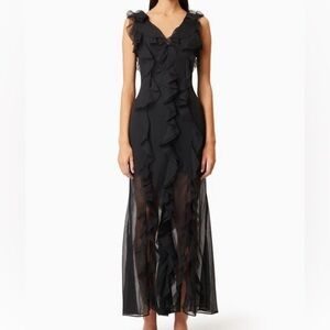 new Elliatt corsica louise ruffle maxi dress in black georgette chiffon